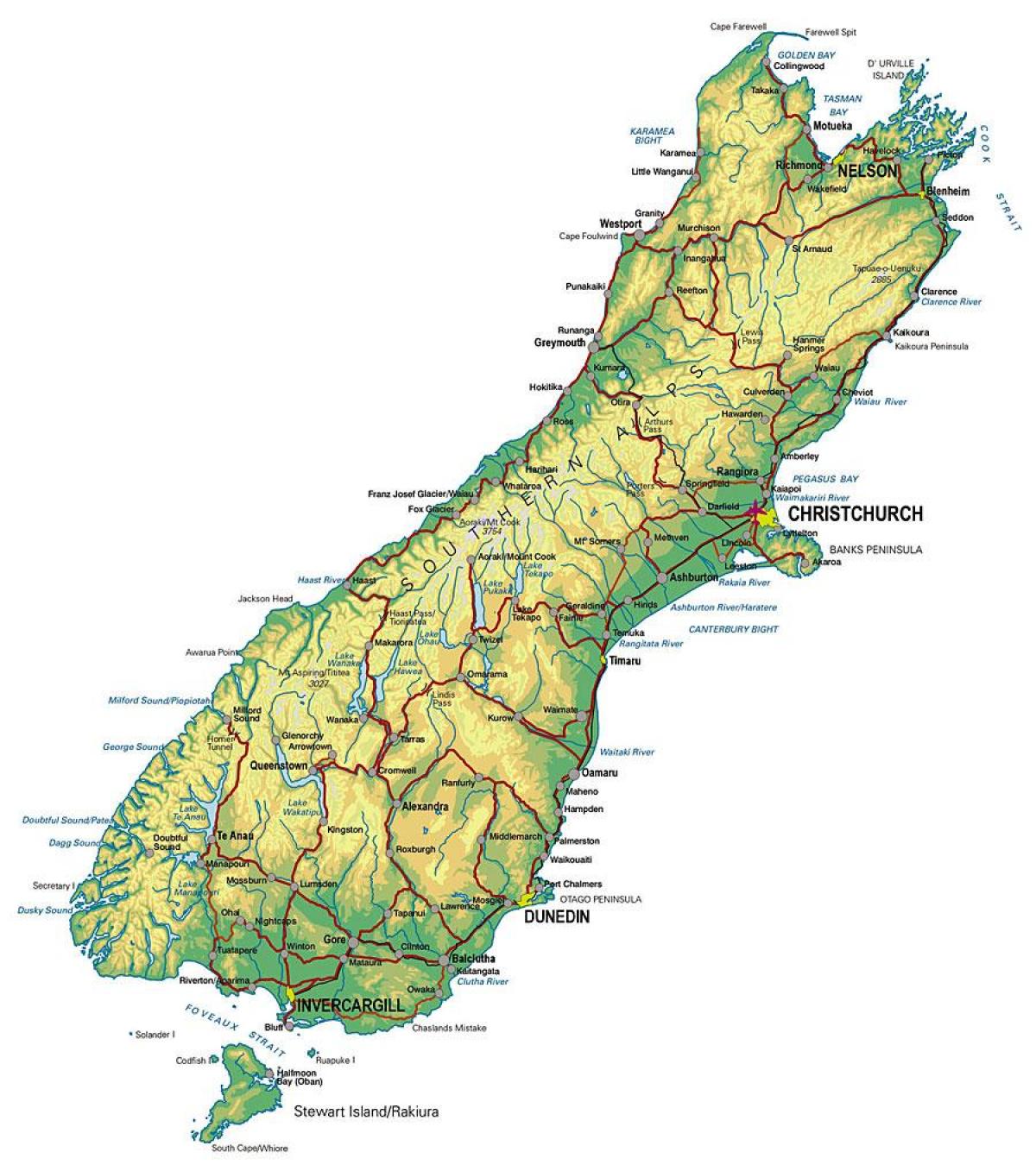 नक्शे के दक्षिणी न्यूजीलैंड