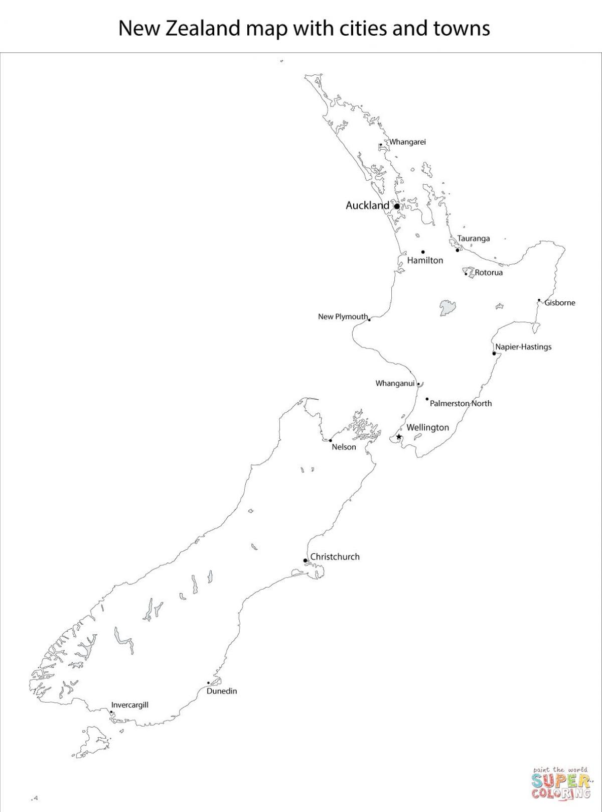 न्यूजीलैंड के नक्शे के साथ शहरों और कस्बों