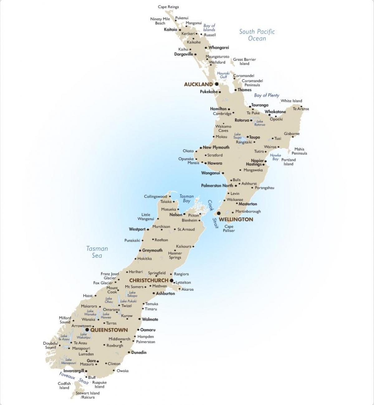 न्यूजीलैंड के मानचित्र के साथ प्रमुख शहरों