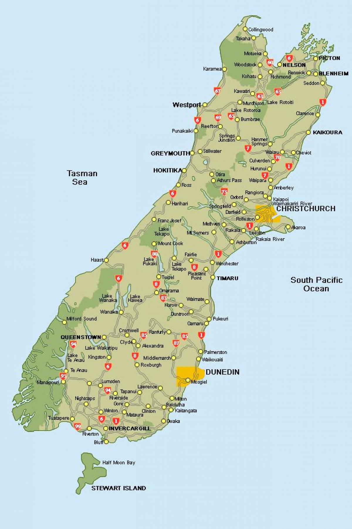 न्यूजीलैंड नक्शा दक्षिण द्वीप सड़क के नक्शे
