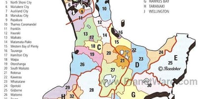 नक्शे न्यूजीलैंड के उत्तरी द्वीप क्षेत्रों और जिलों