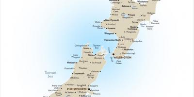 न्यूजीलैंड के मानचित्र के साथ प्रमुख शहरों